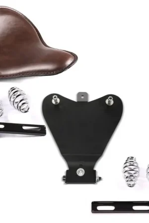 Set: Motorfiets Solo zadel Slim met veer voor custombikes in bruin + Base Plate voor solo bobber zadel met vatveren Trendy