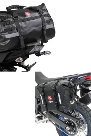 Set: Motor Zadeltassen Waterdicht WP8 2x30L Zijtassen Rolsluiting + Motor Buddyseat Tas XB50 Dry Bag Waterbestendig Volumen 50l Tijdelijk Beschikbaar