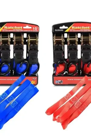 Laatste Versie Set 8x Spanbanden met Ratel en Haken + 8x Sjorlussen ConStands rood en blauw