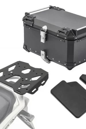Authentiek Set Aluminium Topkoffer + Drager voor Honda Transalp XL 750 23-25 Topcase Bagtecs XB65 zwart + rugkussen