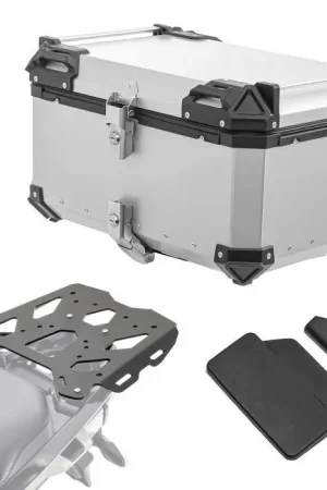 Set Aluminium Topkoffer + Drager voor BMW R 1200 / 1250 GS 13-23 Topcase Bagtecs XB65 zilver + rugkussen Must-Have