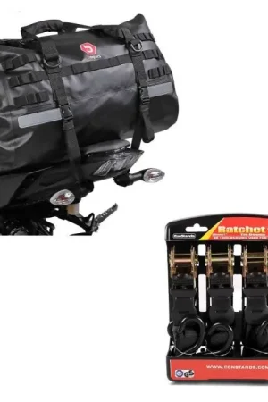 Snelle Levering Set: Motor Buddyseat Tas XB50 Dry Bag Waterbestendig Volumen 50l + Motorfiets Spanband Set met ratel en haak incl 4x lastlussen in