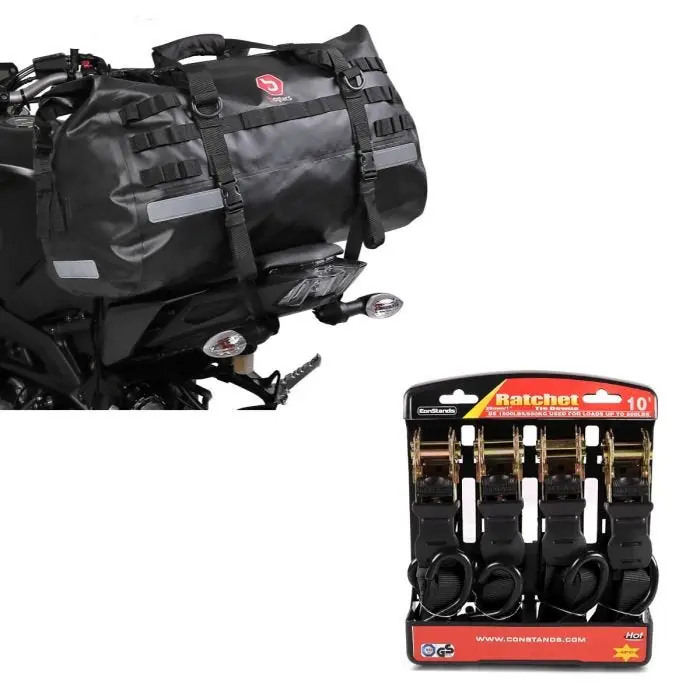 Snelle Levering Set: Motor Buddyseat Tas XB50 Dry Bag Waterbestendig Volumen 50l + Motorfiets Spanband Set met ratel en haak incl 4x lastlussen in