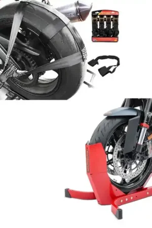 Finale Uitverkoop Set: Spanriem vor motor achterwiel en stuur met 4x spanbanden Constands + Motor inrijklem Easy-Plus Paddockstand Voorwiel tot 21 Inch