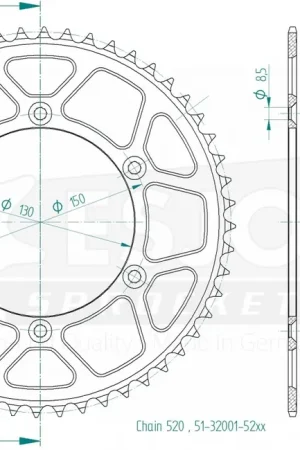 ESJOT - REAR ALU 52T, 520 - Sprockets - Aluminium Gratis Retour